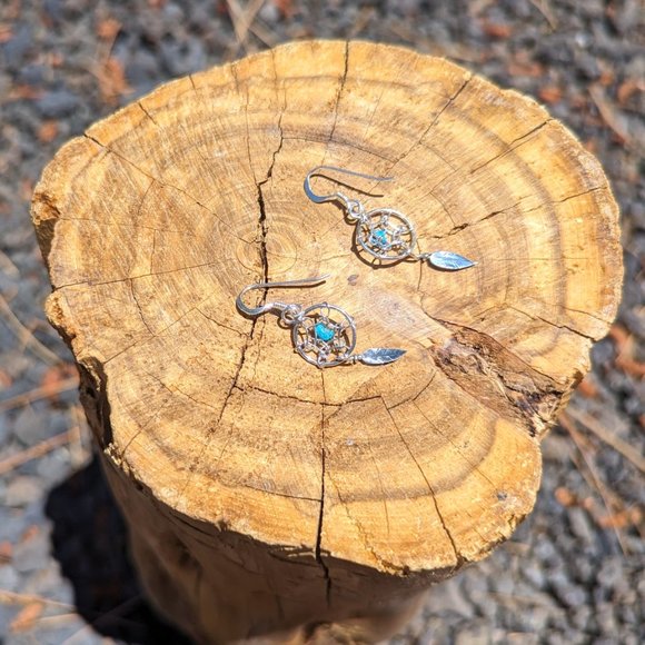 Navajo Mini Dreamcatcher Leaf Dangle Earrings Turquoise Native Am Jewelry*** - Picture 9 of 9